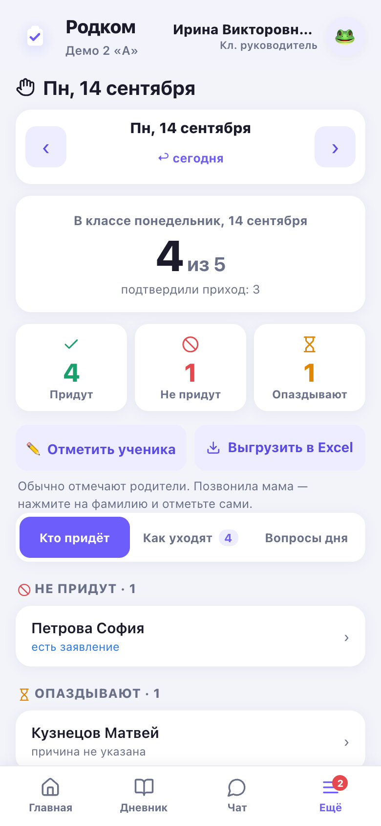Раздел «Сегодня» у классного руководителя: сколько детей будет в классе, кто не придёт и почему — список собрался сам, до первого урока.